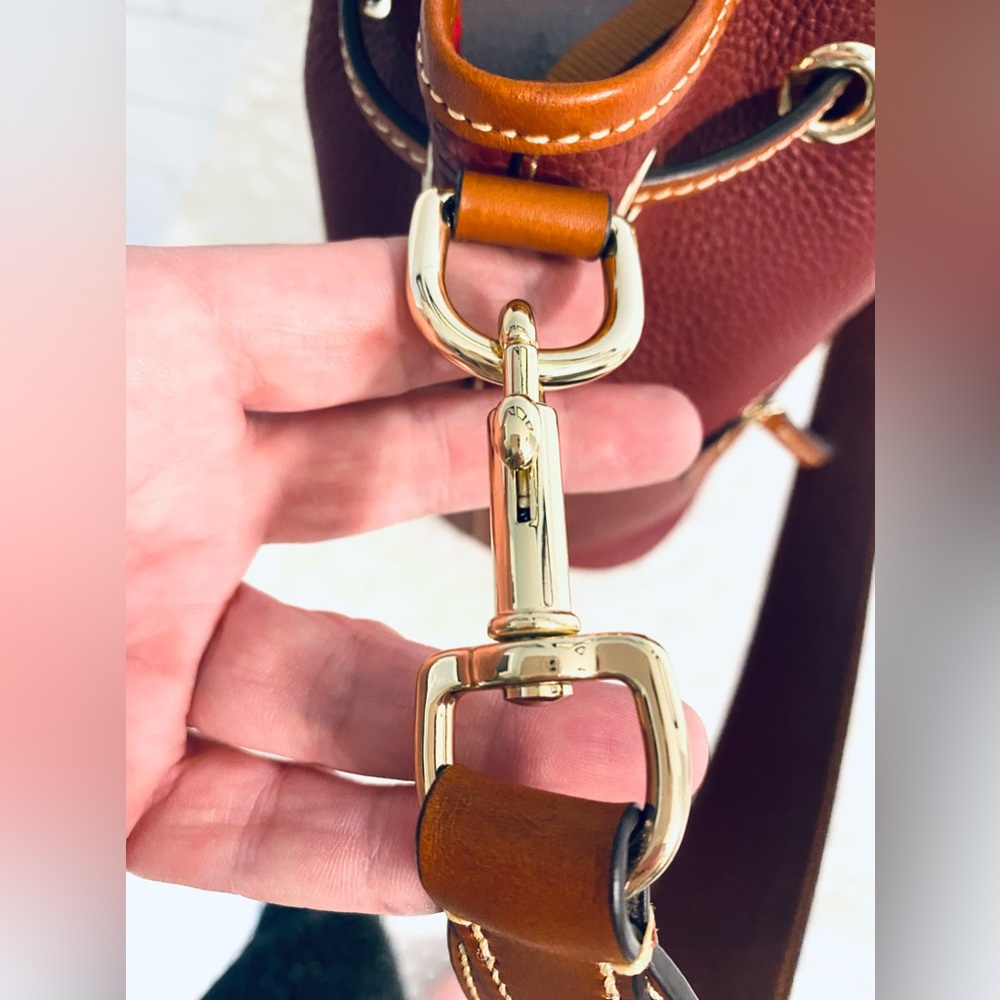 Dooney & Bourke Burgundy Pebbled Leather Drawstring Shoulder Bag with Tan Trim - Picture 8 of 16